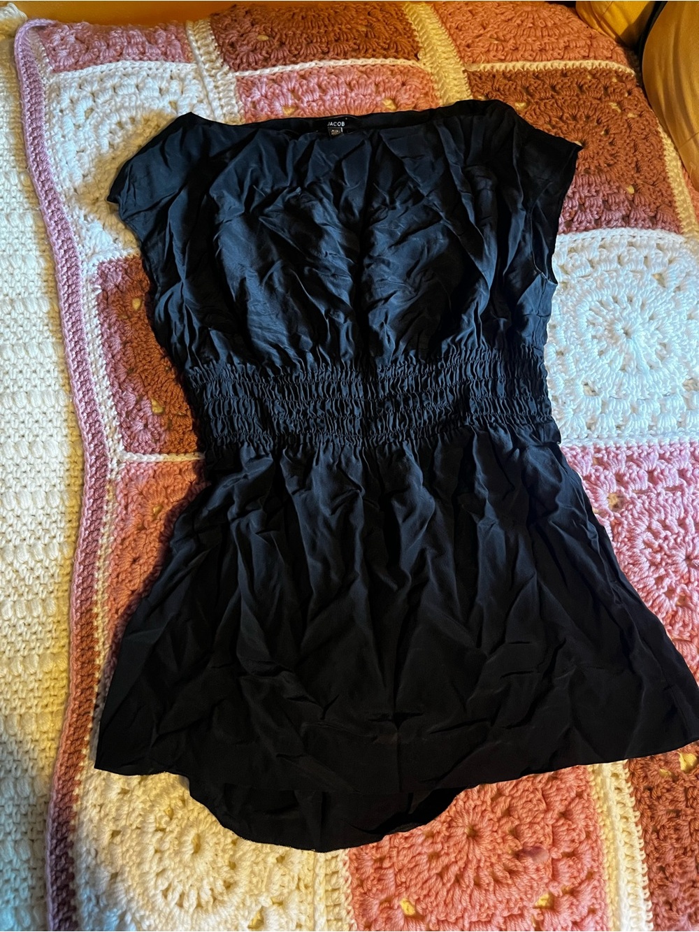 Jacob 100% Silk Black Smocked-Waist Short Sleeve Mini Dress